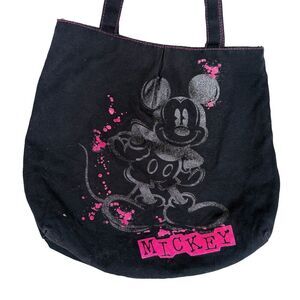 Mickey Mouse Disney Tote Bag Black Canvas Pink Silver Print Shopper 15x14x4 EUC